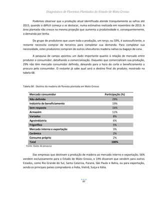 Diagnóstico de Florestas Plantadas do Estado de Mato Grosso
83
Podemos observar que a produção atual identificada atende tranquilamente as safras até
2015, quando o déficit começa a se destacar, numa estimativa realizada em novembro de 2013. A
área plantada não cresce na mesma projeção que aumenta a produtividade e, consequentemente,
a demanda por lenha.
Do grupo de produtores que usam toda a produção, um terço, ou 33%, é autossuficiente, o
restante necessita comprar de terceiros para completar sua demanda. Para completar sua
necessidade, estes produtores compram de outros silvicultores madeira nativa ou bagaço de cana.
A pesquisa de campo apontou um dado importante quanto à relação de mercado entre
produtor e consumidor, detalhando a comercialização. Daqueles que comercializam sua produção,
29% não têm mercado consumidor definido, deixando para a hora do corte e beneficiamento a
procura pelo consumidor. O restante já sabe qual será o destino final do produto, mostrado na
tabela 68.
Tabela 68 - Destino da madeira de floresta plantada em Mato Grosso
Das empresas que destinam a produção de madeira ao mercado interno e exportação, 56%
vendem exclusivamente para o Estado de Mato Grosso, e 14% disseram que vendem para outros
Estados, como Rio Grande do Sul, Santa Catarina, Paraná, São Paulo e Bahia, ou para exportação,
sendo os principais países compradores a Índia, Vietnã, Suíça e Itália.
Mercado consumidor Participação (%)
Não definido 29%
Indústria de beneficiamento 19%
Sem resposta 16%
Armazém 11%
Variados 8%
Agroindústria 6%
Frigorífico 5%
Mercado interno e exportação 3%
Cerâmica 2%
Consumo próprio 2%
Total 100%
Fonte: Dados da pesquisa
 
