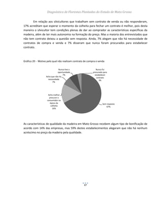 Diagnóstico de Florestas Plantadas do Estado de Mato Grosso
87
Em relação aos silvicultores que trabalham sem contrato de venda ou não responderam,
17% acreditam que esperar o momento da colheita para fechar um contrato é melhor, pois desta
maneira o silvicultor tem condições plenas de dar ao comprador as características específicas da
madeira, além de ter mais autonomia na formação do preço. Mas a maioria dos entrevistados que
não tem contrato deixou a questão sem resposta. Ainda, 7% alegam que não há necessidade de
contratos de compra e venda e 7% disseram que nunca foram procurados para estabelecer
contrato.
Gráfico 20 - Motivo pelo qual não realizam contrato de compra e venda
As características de qualidade da madeira em Mato Grosso recebem algum tipo de bonificação de
acordo com 14% das empresas, mas 59% destes estabelecimentos alegaram que não há nenhum
acréscimo no preço da madeira pela qualidade.
Sem resposta
67%
Acho melhor
procurar o
consumidor na
época da
colheita
16%
Acho que não há
necessidade
7%
Nunca tive a
oportunidade
7%
Nunca fui
procurado para
estabelecer
contrato
3%
 