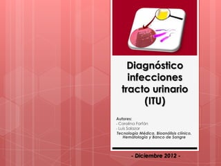 Diagnóstico
    infecciones
  tracto urinario
        (ITU)
Autores:
- Carolina Farfán
- Luis Salazar
 Tecnología Médica. Bioanálisis clínico,
    Hematología y Banco de Sangre



       - Diciembre 2012 -
 