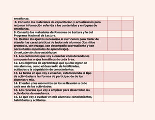 enseñanza. 
8. Consulto los materiales de capacitación y actualización para 
retomar información referida a los contenidos y enfoques de 
enseñanza. 
9. Consulto los materiales de Rincones de Lectura y/o del 
Programa Nacional de Lectura. 
10. Realizo los ajustes necesarios al currículum para tratar de 
atender las características de todos mis alumnos (los niños 
promedio, con rezago, con desempeño sobresaliente y con 
necesidades especiales de aprendizaje). 
En mi plan de clase establezco: 
11. Los contenidos que voy a enseñar considerando los 
componentes o ejes temáticos de cada área. 
12. Los objetivos de aprendizaje que quiero lograr en 
mis alumnos, como el desarrollo de habilidades, 
actitudes y la adquisición de conocimientos. 
13. La forma en que voy a enseñar, estableciendo el tipo 
de actividades y las formas de participación de los 
alumnos y mía. 
14. El orden y los momentos en los se llevarán a cabo 
cada una de las actividades. 
15. Los recursos que voy a emplear para desarrollar las 
actividades de enseñanza. 
16. Lo que voy a evaluar en mis alumnos: conocimientos, 
habilidades y actitudes. 
 