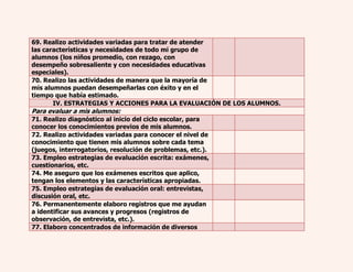69. Realizo actividades variadas para tratar de atender 
las características y necesidades de todo mi grupo de 
alumnos (los niños promedio, con rezago, con 
desempeño sobresaliente y con necesidades educativas 
especiales). 
70. Realizo las actividades de manera que la mayoría de 
mis alumnos puedan desempeñarlas con éxito y en el 
tiempo que había estimado. 
IV. ESTRATEGIAS Y ACCIONES PARA LA EVALUACIÓN DE LOS ALUMNOS. 
Para evaluar a mis alumnos: 
71. Realizo diagnóstico al inicio del ciclo escolar, para 
conocer los conocimientos previos de mis alumnos. 
72. Realizo actividades variadas para conocer el nivel de 
conocimiento que tienen mis alumnos sobre cada tema 
(juegos, interrogatorios, resolución de problemas, etc.). 
73. Empleo estrategias de evaluación escrita: exámenes, 
cuestionarios, etc. 
74. Me aseguro que los exámenes escritos que aplico, 
tengan los elementos y las características apropiadas. 
75. Empleo estrategias de evaluación oral: entrevistas, 
discusión oral, etc. 
76. Permanentemente elaboro registros que me ayudan 
a identificar sus avances y progresos (registros de 
observación, de entrevista, etc.). 
77. Elaboro concentrados de información de diversos 
 