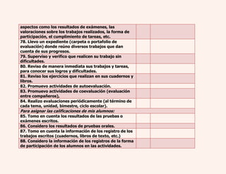 aspectos como los resultados de exámenes, las 
valoraciones sobre los trabajos realizados, la forma de 
participación, el cumplimiento de tareas, etc. 
78. Llevo un expediente (carpeta o portafolio de 
evaluación) donde reúno diversos trabajos que dan 
cuenta de sus progresos. 
79. Superviso y verifico que realicen su trabajo sin 
dificultades. 
80. Reviso de manera inmediata sus trabajos y tareas, 
para conocer sus logros y dificultades. 
81. Reviso los ejercicios que realizan en sus cuadernos y 
libros. 
82. Promuevo actividades de autoevaluación. 
83. Promuevo actividades de coevaluación (evaluación 
entre compañeros), 
84. Realizo evaluaciones periódicamente (al término de 
cada tema, unidad, bimestre, ciclo escolar). 
Para asignar las calificaciones de mis alumnos: 
85. Tomo en cuenta los resultados de las pruebas o 
exámenes escritos. 
86. Considero los resultados de pruebas orales. 
87. Tomo en cuenta la información de los registro de los 
trabajos escritos (cuadernos, libros de texto, etc.) 
88. Considero la información de los registros de la forma 
de participación de los alumnos en las actividades. 
 