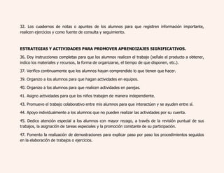 32. Los cuadernos de notas o apuntes de los alumnos para que registren información importante, 
realicen ejercicios y como fuente de consulta y seguimiento. 
ESTRATEGIAS Y ACTIVIDADES PARA PROMOVER APRENDIZAJES SIGNIFICATIVOS. 
36. Doy instrucciones completas para que los alumnos realicen el trabajo (señalo el producto a obtener, 
indico los materiales y recursos, la forma de organizarse, el tiempo de que disponen, etc.). 
37. Verifico continuamente que los alumnos hayan comprendido lo que tienen que hacer. 
39. Organizo a los alumnos para que hagan actividades en equipos. 
40. Organizo a los alumnos para que realicen actividades en parejas. 
41. Asigno actividades para que los niños trabajen de manera independiente. 
43. Promuevo el trabajo colaborativo entre mis alumnos para que interactúen y se ayuden entre sí. 
44. Apoyo individualmente a los alumnos que no pueden realizar las actividades por su cuenta. 
45. Dedico atención especial a los alumnos con mayor rezago, a través de la revisión puntual de sus 
trabajos, la asignación de tareas especiales y la promoción constante de su participación. 
47. Fomento la realización de demostraciones para explicar paso por paso los procedimientos seguidos 
en la elaboración de trabajos o ejercicios. 
 