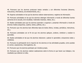 48. Promuevo que los alumnos produzcan textos variados y con diferentes funciones (literarios, 
instructivos, informativos, de entretenimiento, etc.). 
49. Organizo actividades en las que los alumnos realicen observaciones y registros de información. 
50. Promuevo actividades en las que los alumnos obtengan información a través de diferentes fuentes 
(personas de la escuela, de la localidad, materiales impresos, vídeos, etc.). 
55. Realizo actividades para que los alumnos aprendan a organizar y presentar información a través de 
diversos medios (esquemas, cuadros, textos, gráficas, etc.). 
56. Promuevo que mis alumnos lean diferentes tipos de textos (libros, revistas, periódicos, instructivos, 
etc.). 
58. Promuevo actividades con el fin de que mis alumnos apliquen, analicen, sinteticen y evalúen lo 
aprendido. 
60. Realizo actividades en las que mis alumnos relacionan y aplican lo aprendido a situaciones reales y 
cotidianas. 
62. Promuevo la participación de la mayoría de mis alumnos en las actividades grupales, como puestas 
en común, exposiciones, interrogatorios, etc. 
63. Promuevo que mis alumnos participen por iniciativa propia. 
64. Promuevo que mis alumnos realicen explicaciones sobre la forma en que hacen sus trabajos y los 
resultados que obtienen en ellos. 
 