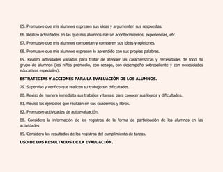 65. Promuevo que mis alumnos expresen sus ideas y argumenten sus respuestas. 
66. Realizo actividades en las que mis alumnos narran acontecimientos, experiencias, etc. 
67. Promuevo que mis alumnos compartan y comparen sus ideas y opiniones. 
68. Promuevo que mis alumnos expresen lo aprendido con sus propias palabras. 
69. Realizo actividades variadas para tratar de atender las características y necesidades de todo mi 
grupo de alumnos (los niños promedio, con rezago, con desempeño sobresaliente y con necesidades 
educativas especiales). 
ESTRATEGIAS Y ACCIONES PARA LA EVALUACIÓN DE LOS ALUMNOS. 
79. Superviso y verifico que realicen su trabajo sin dificultades. 
80. Reviso de manera inmediata sus trabajos y tareas, para conocer sus logros y dificultades. 
81. Reviso los ejercicios que realizan en sus cuadernos y libros. 
82. Promuevo actividades de autoevaluación. 
88. Considero la información de los registros de la forma de participación de los alumnos en las 
actividades 
89. Considero los resultados de los registros del cumplimiento de tareas. 
USO DE LOS RESULTADOS DE LA EVALUACIÓN. 
 