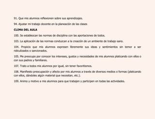 91. Que mis alumnos reflexionen sobre sus aprendizajes. 
94. Ajustar mi trabajo docente en la planeación de las clases 
CLIMA DEL AULA 
100. Se establezcan las normas de disciplina con las aportaciones de todos. 
103. La aplicación de las normas conduzcan a la creación de un ambiente de trabajo sano. 
104. Propicio que mis alumnos expresen libremente sus ideas y sentimientos sin temor a ser 
ridiculizados o sancionados. 
105. Me preocupo por conocer los intereses, gustos y necesidades de mis alumnos platicando con ellos o 
con sus padres y familiares. 
107. Trato a todos mis alumnos por igual, sin tener favoritismos. 
108. Manifiesto preocupación y afecto por mis alumnos a través de diversos medios o formas (platicando 
con ellos, dándoles algún material que necesitan, etc.). 
109. Animo y motivo a mis alumnos para que trabajen y participen en todas las actividades. 
 