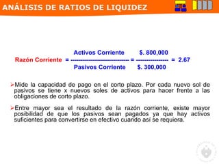 Activos Corriente $. 800,000
Razón Corriente = ----------------------------- = ---------------- = 2.67
Pasivos Corriente $. 300,000
Mide la capacidad de pago en el corto plazo. Por cada nuevo sol de
pasivos se tiene x nuevos soles de activos para hacer frente a las
obligaciones de corto plazo.
Entre mayor sea el resultado de la razón corriente, existe mayor
posibilidad de que los pasivos sean pagados ya que hay activos
suficientes para convertirse en efectivo cuando así se requiera.
ANÁLISIS DE RATIOS DE LIQUIDEZ
 
