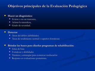 Objetivos principales de la Evaluación Pedagógica


Hacer un diagnóstico:






Detectar





Si tiene o no un trastorno,
Aclarar la naturaleza,
Grado de severidad.

Áreas del déficit (debilidades)
Áreas de rendimiento normal o superior (fortalezas)

Brindar las bases para diseñar programas de rehabilitación:





Línea de base
Fortalezas y debilidades
Técnicas y estrategias para comenzar reeducación
Reajustes en evaluaciones posteriores.

 