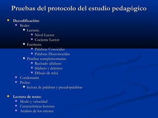 Pruebas del protocolo del estudio pedagógico


Decodificación:
 Boder
 Lectura:
 Nivel Lector
 Cociente Lector
 Escritura:
 Palabras Conocidas
 Palabras Desconocidas
 Pruebas complementarias
 Recitado alfabeto
 Silabeio y deletreo
 Dibujo de reloj
 Condemarín
 Prolec:
 lectura de palabras y pseudopalabras



Lectura de texto:
 Modo y velocidad
 Características lectoras
 Análisis de los errores

 