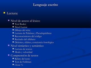 Lenguaje escrito


Lectura:


Nivel de acceso al léxico:










Nivel sintáctico y semántico





Test Boder:
Nivel Lector
Dibujo del reloj
Lectura de Palabras y Pseudopalabras
Reconocimiento del código
Recitado del alfabeto
Deletreo, silabeo, conciencia fonológica
Lectura de textos:
Modo y velocidad

Comprensión de textos




Relato del texto
Test de Feldman
Cloze %

 