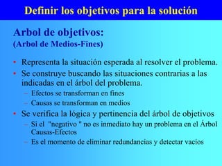 Definir los objetivos para la solución
• Representa la situación esperada al resolver el problema.
• Se construye buscando las situaciones contrarias a las
indicadas en el árbol del problema.
– Efectos se transforman en fines
– Causas se transforman en medios
• Se verifica la lógica y pertinencia del árbol de objetivos
– Si el "negativo " no es inmediato hay un problema en el Árbol
Causas-Efectos
– Es el momento de eliminar redundancias y detectar vacíos
Arbol de objetivos:
(Arbol de Medios-Fines)
 