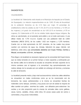 DIAGNÓSTICOS:
VALENCIANITA:
La localidad de Valencianita está situada en el Municipio de Irapuato (en el Estado
de Guanajuato). La relación mujeres/hombres es de 1.063. El ratio de fecundidad
de la población femenina es de 3.15 hijos por mujer. El porcentaje de
analfabetismo entre los adultos es del 11.3% (9.31% en los hombres y 13.18% en
las mujeres) y el grado de escolaridad es de 4.95 (5.15 en hombres y 4.79 en
mujeres). En Valencianita el 0% de los adultos habla alguna lengua indígena, Su
clima es sub-húmedo, en el poniente semi-cálido y en el norte semi-seco. A una
altitud media de 1,770 m.s.n.m. Cuenta con una población total de 2,800
habitantes (INEGI 2010), de los cuales 1,422 son mujeres y 1,378 hombres.
Cuenta con un total aproximado de 647 viviendas, de las cuales muy pocas
cuentan con servicios de agua, luz, drenaje, televisión de paga, internet, red
telefónica, entre otros, sus comunidades aledañas son Copal, Peñitas, Cerritos y
Mezcal, se encuentra a 30 min., de Irapuato.
Para llegar a la localidad es necesario ingresar por la comunidad del Copal misma
que se rodea tomando en un primer tiempo a mano izquierda y continuando por
las demás calles de la derecha la escuela se encuentra del lado izquierdo de la
misma carretera casi al ingresar a la comunidad, hay aproximadamente cien
metros debajo de la escuela aún con asfalto sin embargo ahí termina y comienza
la calle de terracería.
La localidad presenta medio y bajo nivel socioeconómico todas las calles aledañas
se encuentran en malas condiciones como ya se ha mencionado son de
terracería, las casas pertenecientes a la misma se encuentran hechas de
materiales como tabique, cemento y muy pocas aún son de adobe la mayoría de
ellas cuentan con patios enormes los cuales son utilizados para estacionar los
coches y en otra proporción para la crianza de animales tales como gallinas,
vacas, burros, caballos, chivas, entre otros. En pocas casas pude ver carros o
camionetas y muy pocas motocicletas.
 