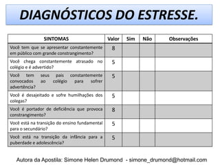 DIAGNÓSTICOS DO ESTRESSE.
                SINTOMAS                       Valor   Sim   Não   Observações
Você tem que se apresentar constantemente       8
em público com grande constrangimento?
Você chega constantemente atrasado no           5
colégio e é advertido?
Você tem       seus pais constantemente         5
convocados     ao   colégio para  sofrer
advertência?
Você é desajeitado e sofre humilhações dos      5
colegas?
Você é portador de deficiência que provoca      8
constrangimento?
Você está na transição do ensino fundamental    5
para o secundário?
Você está na transição da infância para a       5
puberdade e adolescência?


   Autora da Apostila: Simone Helen Drumond - simone_drumond@hotmail.com
 