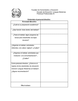 Facultad de Humanidades y Educación
Escuela de Educación: Lenguas Modernas
Prácticas Profesionales III
Entrevista al personal directivo
Personal directivo
¿Cuál es su preparación académica?
¿Que función tiene dentro del instituto?
¿Tiene el instituto algún programa de
becas para estudiantes de bajos
recursos?
¿Organiza el instituto actividades
referentes a la cultura inglesa? ¿Cuáles?
¿Organiza el instituto actividades que
involucren a la comunidad/sector? ,
¿Cuáles?
Como personal directivo. ¿Cómo ve el
ingreso de los estudiantes de educación
mención Lenguas Modernas al instituto?,
¿Alguna recomendación?
Observaciones
 