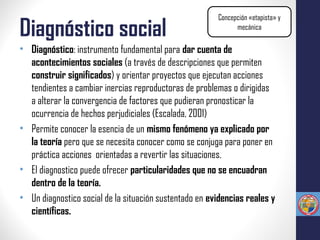 Diagnóstico social
• Diagnóstico: instrumento fundamental para dar cuenta de
acontecimientos sociales (a través de descripciones que permiten
construir significados) y orientar proyectos que ejecutan acciones
tendientes a cambiar inercias reproductoras de problemas o dirigidas
a alterar la convergencia de factores que pudieran pronosticar la
ocurrencia de hechos perjudiciales (Escalada, 2001)
• Permite conocer la esencia de un mismo fenómeno ya explicado por
la teoría pero que se necesita conocer como se conjuga para poner en
práctica acciones orientadas a revertir las situaciones.
• El diagnostico puede ofrecer particularidades que no se encuadran
dentro de la teoría.
• Un diagnostico social de la situación sustentado en evidencias reales y
científicas.
Concepción «etapista» y
mecánica
 
