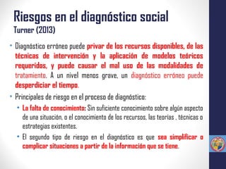 Riesgos en el diagnóstico social
Turner (2013)
• Diagnóstico erróneo puede privar de los recursos disponibles, de las
técnicas de intervención y la aplicación de modelos teóricos
requeridos, y puede causar el mal uso de las modalidades de
tratamiento. A un nivel menos grave, un diagnóstico erróneo puede
desperdiciar el tiempo.
• Principales de riesgo en el proceso de diagnóstico:
• La falta de conocimiento: Sin suficiente conocimiento sobre algún aspecto
de una situación, o el conocimiento de los recursos, las teorías , técnicas o
estrategias existentes.
• El segundo tipo de riesgo en el diagnóstico es que sea simplificar o
complicar situaciones a partir de la información que se tiene.
 