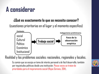 A considerar
¿Qué es exactamente lo que se necesita conocer?
(cuestiones prioritarias en el lugar y el momento especifico)
Contexto
social
Cultural
Político
Económico
Institucional
Trabajo social
Foco de la
observación
empírica
Indagaciones preliminares
Realidad y los problemas sociales: nacionales, regionales y locales.
Es común que se escoja un tema de interés personal o de fácil desarrollo, también
por inquietudes políticas desde una institución. Pocas veces se tratan de
prioridades para el mejoramiento social (Rojas Soriano, 2011).
 