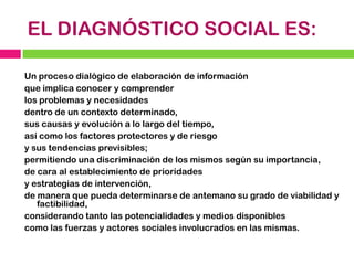 EL DIAGNÓSTICO SOCIAL ES:
Un proceso dialógico de elaboración de información
que implica conocer y comprender
los problema...