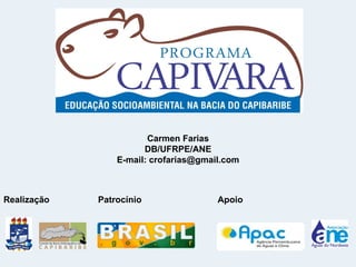 Carmen Farias
                       DB/UFRPE/ANE
                 E-mail: crofarias@gmail.com



Realização   Patrocínio                Apoio
 