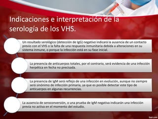 Indicaciones e interpretación de la 
serología de los VHS. 
Un resultado serológico (detección de IgG) negativo indicará la ausencia de un contacto 
previo con el VHS o la falta de una respuesta inmunitaria debida a alteraciones en su 
sistema inmune, o porque la infección está en su fase inicial. 
La presencia de anticuerpos totales, por el contrario, será evidencia de una infección 
herpética en fecha no precisada. 
La presencia de IgM será reflejo de una infección en evolución, aunque no siempre 
será sinónimo de infección primaria, ya que es posible detectar este tipo de 
anticuerpos en algunas recurrencias. 
La ausencia de seroconversión, o una prueba de IgM negativa indicarán una infección 
previa no activa en el momento del estudio. 
 