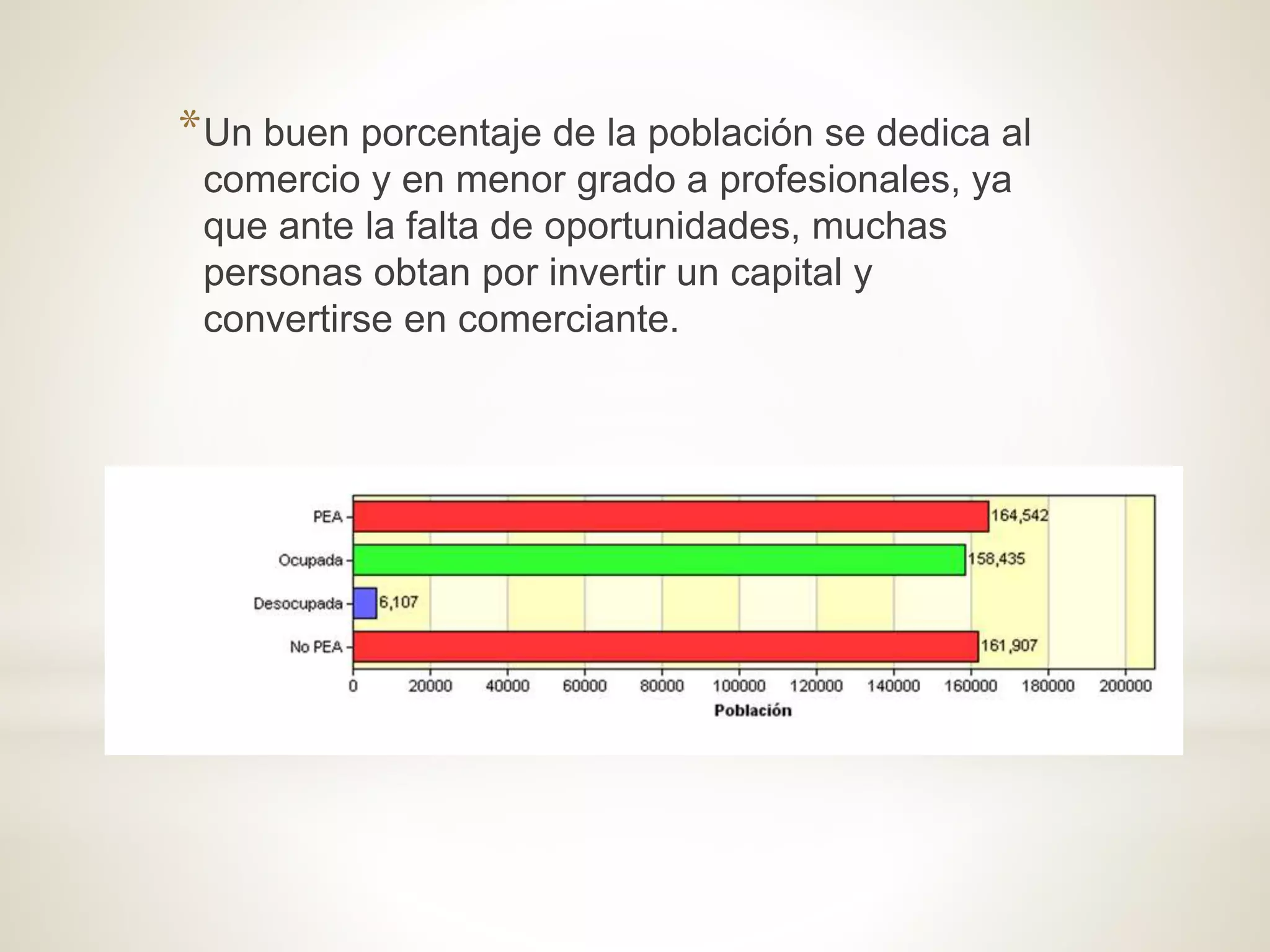*Un buen porcentaje de la población se dedica al
comercio y en menor grado a profesionales, ya
que ante la falta de oportunidades, muchas
personas obtan por invertir un capital y
convertirse en comerciante.
 