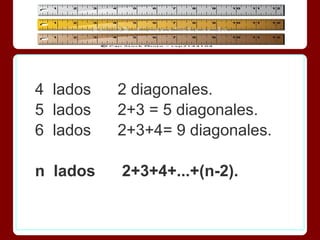 4 lados   2 diagonales.
5 lados   2+3 = 5 diagonales.
6 lados   2+3+4= 9 diagonales.

n lados   2+3+4+...+(n-2).
 