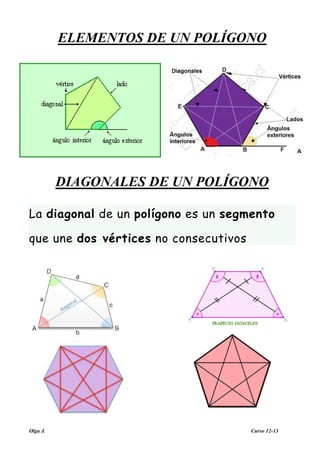 Olga J. Curso 12-13
ELEME TOS DE U POLÍGO O
DIAGO ALES DE U POLÍGO O
La diagonal de un polígono es un segmento
que une dos vértices no consecutivos
 