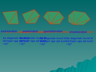 Si quhet shumëkëndëshi? katërkëndësh Sa diagonale mund të  tërhiqen nga një kulm  i tij? Si quhet shumëkëndëshi? Si quhet shumëkëndëshi? Si quhet shumëkëndëshi? pesëkëndësh shtatëkëndësh gjashtëkëndësh Sa diagonale mund të  tërhiqen nga një kulm  i tij? Sa diagonale mund të  tërhiqen nga një kulm  i tij? Sa diagonale mund të  tërhiqen nga një kulm  i tij? 