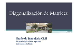 Diagonalización de MatricesDiagonalización de Matrices
Grado de Ingeniería CivilGrado de Ingeniería Civil
Escuela Politécnica de AlgecirasEscuela Politécnica de Algeciras
Universidad de CádizUniversidad de Cádiz
 