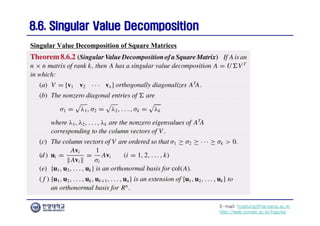 E-mail: hogijung@hanyang.ac.kr
http://web.yonsei.ac.kr/hgjung
8.6. Singular Value Decomposition
8.6. Singular Value Decomposition
Singular Value Decomposition of Square Matrices
 