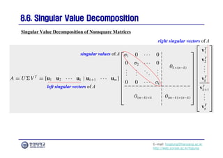 E-mail: hogijung@hanyang.ac.kr
http://web.yonsei.ac.kr/hgjung
8.6. Singular Value Decomposition
8.6. Singular Value Decomposition
Singular Value Decomposition of Nonsquare Matrices
singular values of A
left singular vectors of A
right singular vectors of A
 