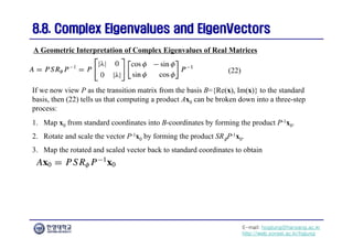 E-mail: hogijung@hanyang.ac.kr
http://web.yonsei.ac.kr/hgjung
8.8. Complex Eigenvalues and
8.8. Complex Eigenvalues and EigenVectors
EigenVectors
If we now view P as the transition matrix from the basis B={Re(x), Im(x)} to the standard
basis, then (22) tells us that computing a product Ax0 can be broken down into a three-step
process:
A Geometric Interpretation of Complex Eigenvalues of Real Matrices
(22)
1. Map x0 from standard coordinates into B-coordinates by forming the product P-1x0.
2. Rotate and scale the vector P-1x0 by forming the product SRφP-1x0.
3. Map the rotated and scaled vector back to standard coordinates to obtain
 