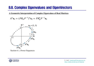 E-mail: hogijung@hanyang.ac.kr
http://web.yonsei.ac.kr/hgjung
8.8. Complex Eigenvalues and
8.8. Complex Eigenvalues and EigenVectors
EigenVectors
A Geometric Interpretation of Complex Eigenvalues of Real Matrices
Section 6.1, Power Sequences
 
