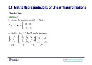 E-mail: hogijung@hanyang.ac.kr
http://web.yonsei.ac.kr/hgjung
8.1. Matrix Representations of Linear Transformations
8.1. Matrix Representations of Linear Transformations
In this case the transition matrix from B to S is
Changing Bases
Example 3
Example 3
so it follows from (17) that [T] can be factored as
 