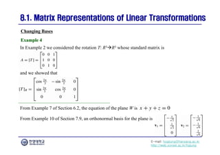 E-mail: hogijung@hanyang.ac.kr
http://web.yonsei.ac.kr/hgjung
8.1. Matrix Representations of Linear Transformations
8.1. Matrix Representations of Linear Transformations
In Example 2 we considered the rotation T: R3R3 whose standard matrix is
Changing Bases
Example 4
Example 4
and we showed that
From Example 7 of Section 6.2, the equation of the plane W is
From Example 10 of Section 7.9, an orthonormal basis for the plane is
 