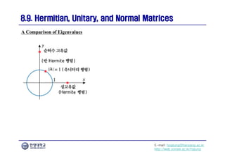 E-mail: hogijung@hanyang.ac.kr
http://web.yonsei.ac.kr/hgjung
8.9. Hermitian, Unitary, and Normal Matrices
8.9. Hermitian, Unitary, and Normal Matrices
A Comparison of Eigenvalues
 