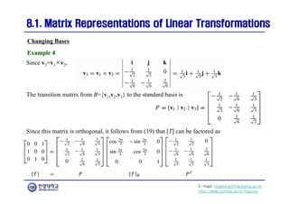E-mail: hogijung@hanyang.ac.kr
http://web.yonsei.ac.kr/hgjung
8.1. Matrix Representations of Linear Transformations
8.1. Matrix Representations of Linear Transformations
Since v3=v1×v2,
Changing Bases
Example 4
Example 4
The transition matrix from B={v1,v2,v3} to the standard basis is
Since this matrix is orthogonal, it follows from (19) that [T] can be factored as
 