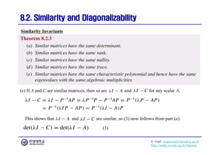 E-mail: hogijung@hanyang.ac.kr
http://web.yonsei.ac.kr/hgjung
8.2. Similarity and Diagonalizability
8.2. Similarity and Diagonalizability
Similarity Invariants
(e) If A and C are similar matrices, then so are and for any scalar λ.
This shows that and are similar, so (3) now follows from part (a).
(3)
 