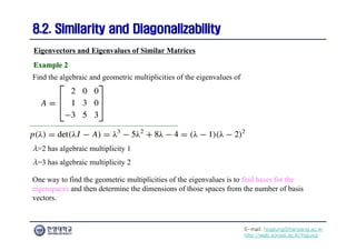 E-mail: hogijung@hanyang.ac.kr
http://web.yonsei.ac.kr/hgjung
8.2. Similarity and Diagonalizability
8.2. Similarity and Diagonalizability
Find the algebraic and geometric multiplicities of the eigenvalues of
Eigenvectors and Eigenvalues of Similar Matrices
Example 2
Example 2
λ=2 has algebraic multiplicity 1
λ=3 has algebraic multiplicity 2
One way to find the geometric multiplicities of the eigenvalues is to find bases for the
eigenspaces and then determine the dimensions of those spaces from the number of basis
vectors.
 