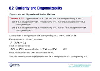 E-mail: hogijung@hanyang.ac.kr
http://web.yonsei.ac.kr/hgjung
8.2. Similarity and Diagonalizability
8.2. Similarity and Diagonalizability
Assume that x is an eigenvector of C corresponding to λ, so x≠0 and Cx= λx.
If we substitute P-1AP for C, we obtain
Eigenvectors and Eigenvalues of Similar Matrices
which we can rewrite as
or equivalently,
Since P is invertible and x≠0, it follows that Px≠0.
Thus, the second equation in (13) implies that Px is an eigenvector of A corresponding to λ.
(13)
 