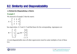 E-mail: hogijung@hanyang.ac.kr
http://web.yonsei.ac.kr/hgjung
8.2. Similarity and Diagonalizability
8.2. Similarity and Diagonalizability
We showed in Example 2 that the matrix
A Method for Diagonalizing A Matrix
Example 5
Example 5
has eigenvalues λ=2 and λ=3 and that bases for the corresponding eigenspaces are
and
A is not diagonalizable since all other eigenvectors must be scalar multiples of one of these
two.
 