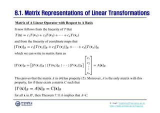 E-mail: hogijung@hanyang.ac.kr
http://web.yonsei.ac.kr/hgjung
8.1. Matrix Representations of Linear Transformations
8.1. Matrix Representations of Linear Transformations
It now follows from the linearity of T that
Matrix of A Linear Operator with Respect to A Basis
and from the linearity of coordinate maps that
which we can write in matrix form as
This proves that the matrix A in (4) has property (5). Moreover, A is the only matrix with this
property, for if there exists a matrix C such that
for all x in Rn, then Theorem 7.11.6 implies that A=C.
 