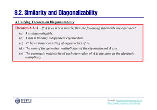 E-mail: hogijung@hanyang.ac.kr
http://web.yonsei.ac.kr/hgjung
8.2. Similarity and Diagonalizability
8.2. Similarity and Diagonalizability
A Unifying Theorem on Diagonalizability
 