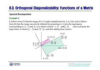 E-mail: hogijung@hanyang.ac.kr
http://web.yonsei.ac.kr/hgjung
8.3. Orthogonal Diagonalizability; Functions of a Matrix
8.3. Orthogonal Diagonalizability; Functions of a Matrix
Spectral Decomposition
Example 2
Example 2
It follows from (7) that the image of (1,1) under multiplication by A is (3,0), and it follows
from (8) that this image can also be obtained by projecting (1,1) onto the eigenspaces
corresponding to λ1=-3 and λ2=2 to obtain vectors and , then scaling by the
eigenvalues to obtain and , and then adding these vectors.
 