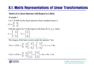 E-mail: hogijung@hanyang.ac.kr
http://web.yonsei.ac.kr/hgjung
8.1. Matrix Representations of Linear Transformations
8.1. Matrix Representations of Linear Transformations
Let T: R2R2 be the linear operator whose standard matrix is
Matrix of A Linear Operator with Respect to A Basis
Example 1
Example 1
Find the matrix for T with respect to the basis B={v1,v2}, where
The images of the basis vectors under the operator T are
 