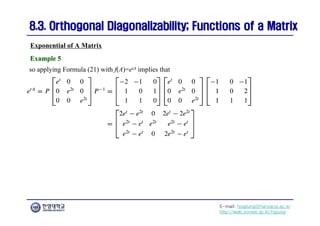 E-mail: hogijung@hanyang.ac.kr
http://web.yonsei.ac.kr/hgjung
8.3. Orthogonal Diagonalizability; Functions of a Matrix
8.3. Orthogonal Diagonalizability; Functions of a Matrix
so applying Formula (21) with f(A)=etA implies that
Exponential of A Matrix
Example 5
Example 5
 