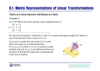 E-mail: hogijung@hanyang.ac.kr
http://web.yonsei.ac.kr/hgjung
8.1. Matrix Representations of Linear Transformations
8.1. Matrix Representations of Linear Transformations
Let T: R3R3 be the linear operator whose standard matrix is
Matrix of A Linear Operator with Respect to A Basis
Example 2
Example 2
Let us now consider how the matrix for T would
look with respect to an orthonormal basis
B={v1,v2,v3} in which v3=v1×v2 is a positive scalar
multiple of n and {v1,v2} is an orthonormal basis for
the plane W through the origin that is perpendicular
to the axis of rotation.
We showed in Example 7 of Section 6.2 that T is a rotation through an angle 2π/3 about an
axis in the direction of the vector n=(1,1,1).
 