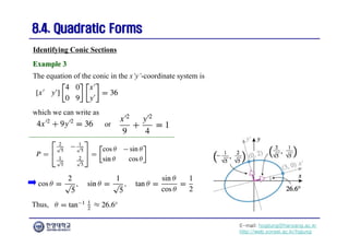 E-mail: hogijung@hanyang.ac.kr
http://web.yonsei.ac.kr/hgjung
8.4. Quadratic Forms
8.4. Quadratic Forms
Identifying Conic Sections
Example 3
Example 3
The equation of the conic in the x’y’-coordinate system is
which we can write as
or
Thus,
 