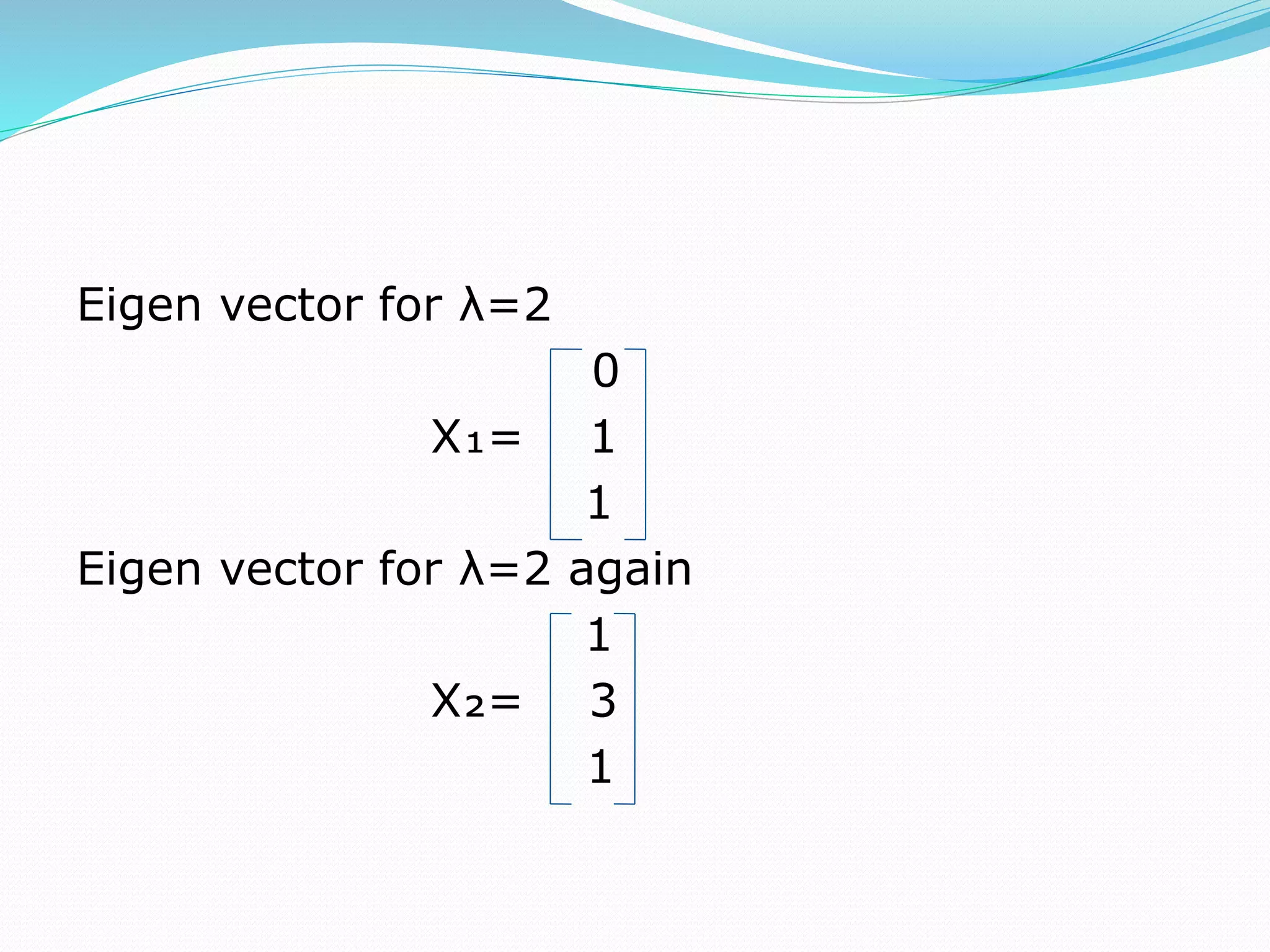 Eigen vector for λ=2
0
X₁= 1
1
Eigen vector for λ=2 again
1
X₂= 3
1
 