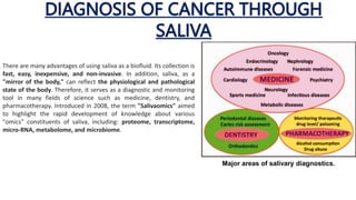 DIAGNOSIS OF CANCER THROUGH
SALIVA
There are many advantages of using saliva as a biofluid. Its collection is
fast, easy, inexpensive, and non-invasive. In addition, saliva, as a
"mirror of the body," can reflect the physiological and pathological
state of the body. Therefore, it serves as a diagnostic and monitoring
tool in many fields of science such as medicine, dentistry, and
pharmacotherapy. Introduced in 2008, the term "Salivaomics" aimed
to highlight the rapid development of knowledge about various
"omics" constituents of saliva, including: proteome, transcriptome,
micro-RNA, metabolome, and microbiome.
Major areas of salivary diagnostics.
 